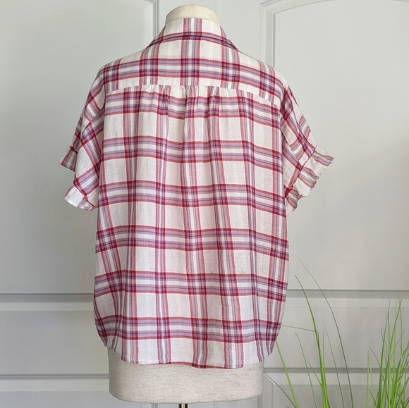 PAIGE Top Button Front Tie Split Neck Short Sleeve Plaid Cream Red Grey L NWT - Picture 6 of 14